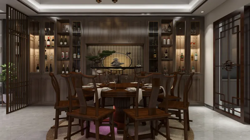 Traditional dining room with a round wooden table, chairs, and a large lit wine cabinet