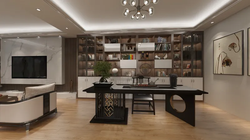 Modern tea room with black table, bonsai, wooden wall cabinet, a TV, and ceiling light