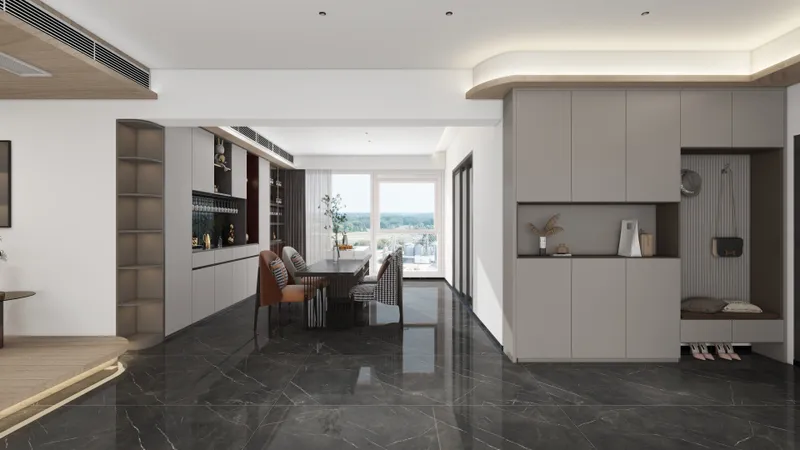 Modern dining room with grey cabinets, dark floor, black table, patterned chairs, and large window