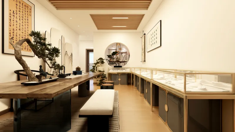 Elegant Chinese style interior featuring long wooden table, bonsai tree, glass display cabinets, wall art