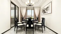 Dining room interior design drawing with black round table chairs ceiling light and white curtains