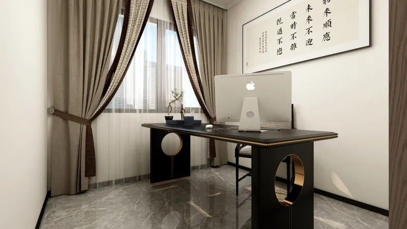 Modern study featuring black desk, computer, brown curtains, marble floor, and art on the wall