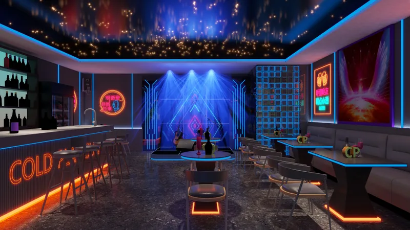 Modern bar interior with neon blue lights, stage, small tables, chairs, and dark stone floor