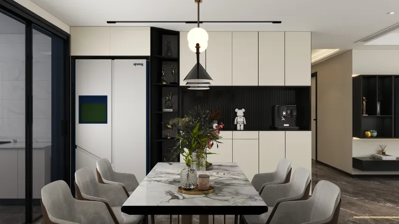 Modern dining room featuring marble table with grey chairs plus cream cabinets and black shelf