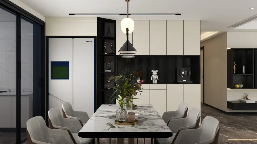 Modern dining room featuring marble table with grey chairs plus cream cabinets and black shelf