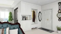Modern white entryway with tall storage cabinets wavy mirror hanging coat and double front door