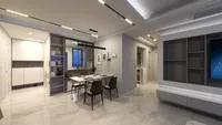 Modern dining area with white table brown chairs marble floor grey wall and ceiling light