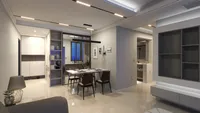 Modern open dining area with white marble table dark brown chairs and warm ceiling light