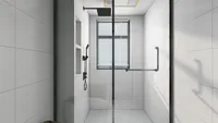 White tiled shower room with black shower head glass door window blinds and silver handle