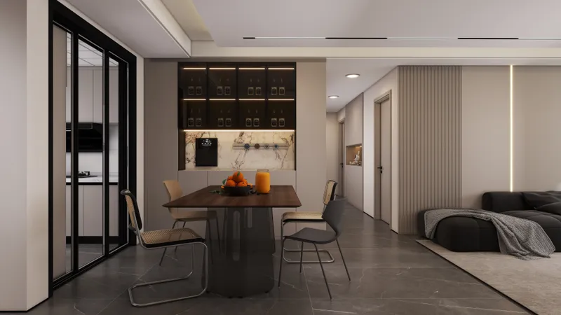 Modern dining area with dark wood table four chairs glass cabinet and grey marble floor