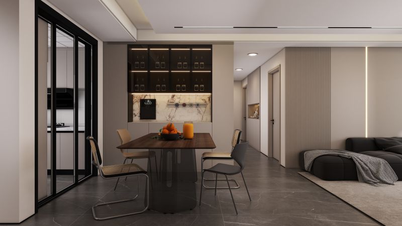 Modern Minimalist Dining Room with Black Accents