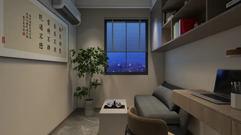 Small home office with grey sofa wooden desk bookshelf green plant and window night view