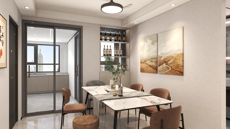 Modern dining area with marble table brown chairs wall art wine shelf and ceiling light