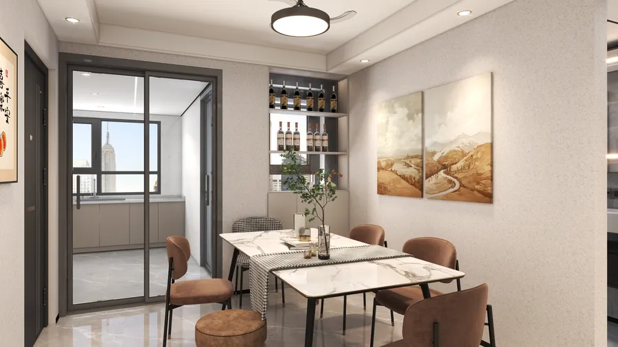 Modern dining area with marble table brown chairs wall art wine shelf and ceiling light
