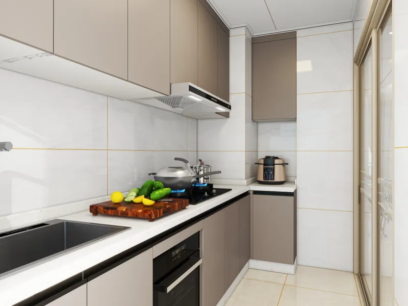 Modern kitchen interior design drawing with grey cabinets white marble tiles gas stove and sink