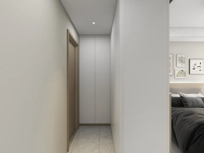 Modern hallway with white wall cabinet, wooden door, marble floor, and bedroom view on right