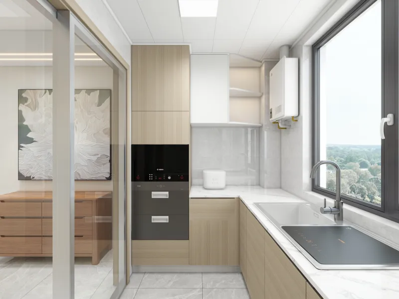 Modern kitchen with wood cabinets marble counters white walls sink stove oven and glass door