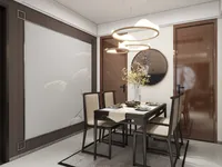 Modern dining room with dark wood table, beige chairs, ring ceiling light, and wall panel