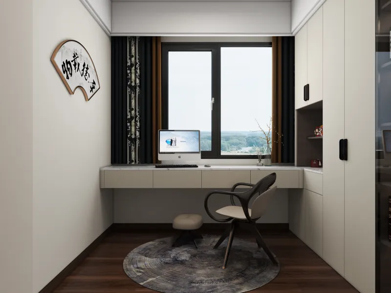 Modern study room with built-in desk, computer, black chair, round rug, and large white cabinet