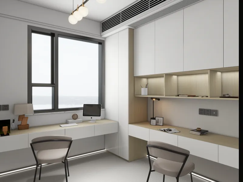 Modern home office with white wall cabinets, wooden desk, computer, two chairs, and large window