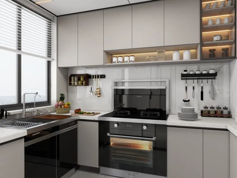 Modern kitchen interior design drawing with grey cabinets white marble backsplash black oven sink and sunlight