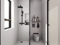 Modern white bathroom featuring black shower head smart toilet small wall shelves and bright window