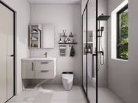 White bathroom featuring floating vanity mirror cabinet smart toilet and glass shower with black frame