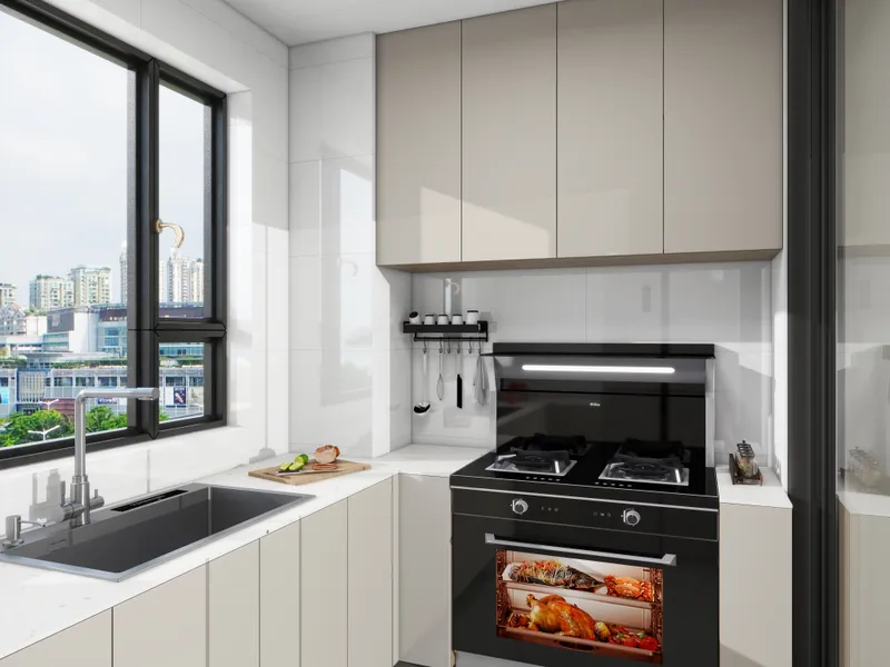 Modern kitchen with beige cabinets white tiles black oven roasting chicken and a sink window