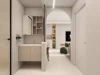 Interior design drawing showing modern hallway with sink cabinet and toothbrushes leading to arched doorway