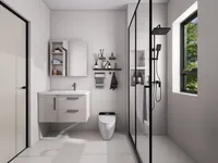 Clean white bathroom featuring wall cabinet toilet glass shower box and black window frame setup