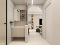 Neutral hallway with sink vanity and arched doorway looking into a modern living room space