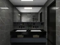 Modern bathroom with grey wall tiles, double white sinks, large mirror cabinet, and black counter