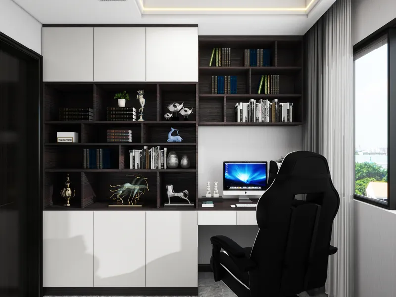 Modern office room with dark bookshelves, white storage, computer on desk, chair, and large window