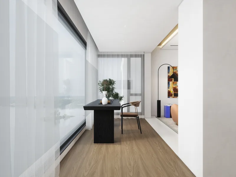 Home office with black desk brown chair wood floor large window and scenic water view
