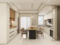 Minimalist kitchen and dining space with wooden table grey chairs white cabinets and ceiling lights