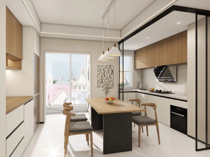 Modern kitchen and dining area with wooden table grey chairs white cabinets and large windows