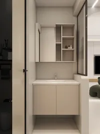 Clean bathroom interior design with beige cabinet white sink mirror wall shelves and glass partition
