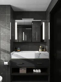 Minimalist bathroom vanity with white marble sink, grey wall tiles, and mirror with vertical lights