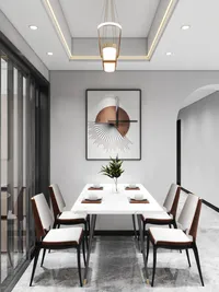 Modern dining room with marble table, four chairs, wall art, ceiling light and marble floors