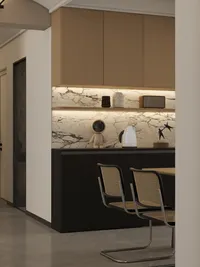 Black cabinet with marble wall shelf white kettle wooden cabinets and two woven dining chairs