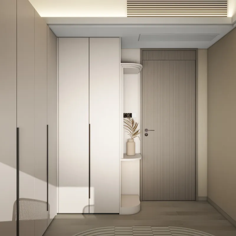 Modern entryway with white cabinet wooden door small plant in vase and soft ceiling light
