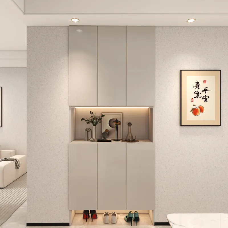 Minimalist white hallway cabinet with decorative items on middle shelf and framed artwork on wall