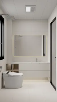 Modern bathroom interior design drawing with smart toilet marble sink white cabinet mirror and shower