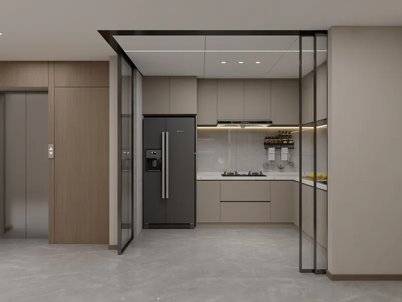 Modern kitchen featuring beige cabinets, black refrigerator, glass sliding doors, grey tile floor, ceiling light