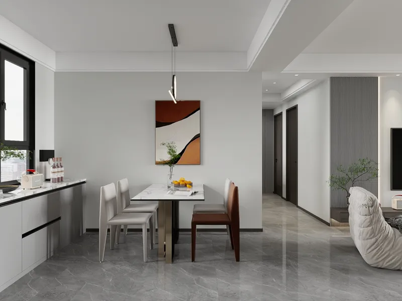 Modern dining area with marble table, four chairs, ceiling light, wall art, and grey flooring