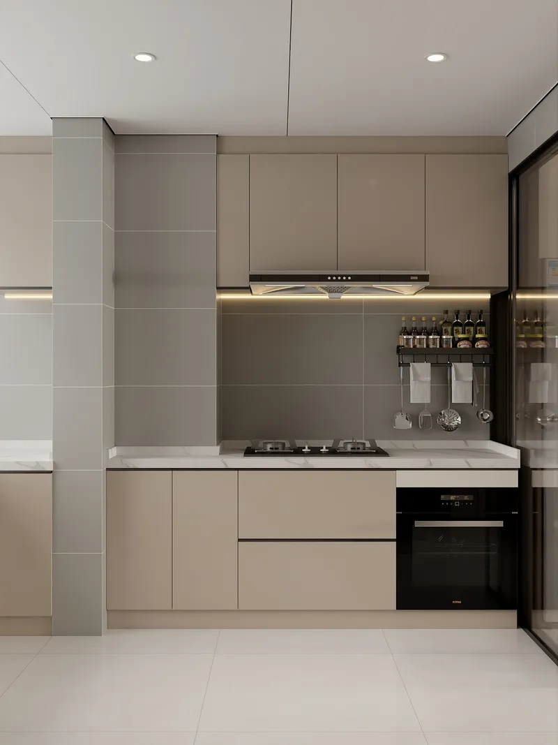 Modern kitchen with beige cabinets white marble countertop gas stove range hood and black oven