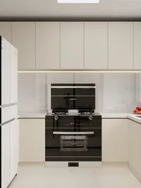 Modern white kitchen with minimalist cabinets black integrated stove under cabinet lighting and marble backsplash