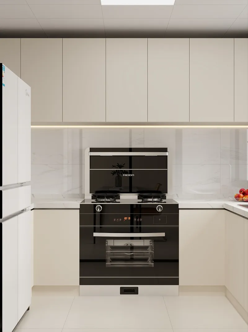 Modern white kitchen with minimalist cabinets black integrated stove under cabinet lighting and marble backsplash