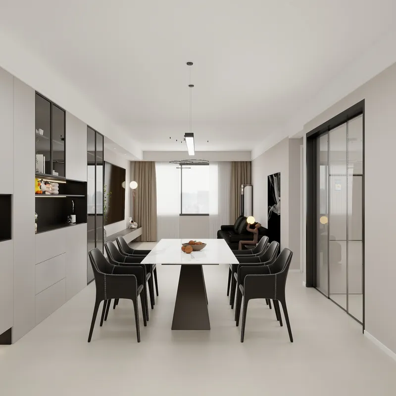 Modern dining room with white table black chairs ceiling light wall cabinet sofa and window