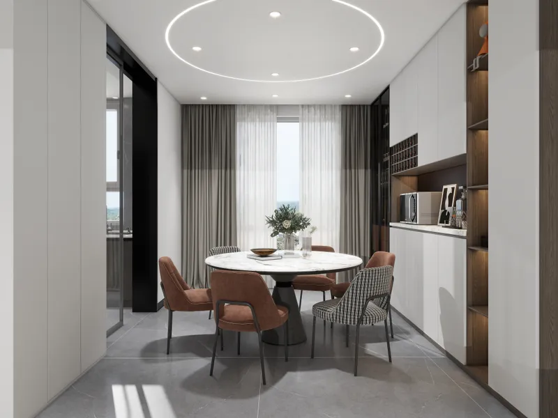 Modern dining room with marble round table brown chairs white cabinets and circular ceiling light